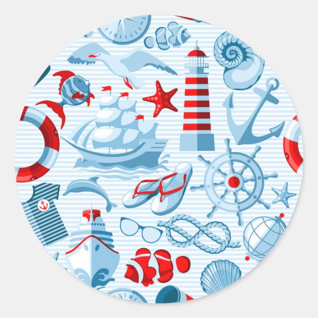 Nautical Red White And Blue Pattern Classic Round Sticker (Front)