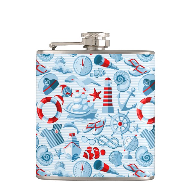Nautical Red White And Blue Pattern Flask (Front)