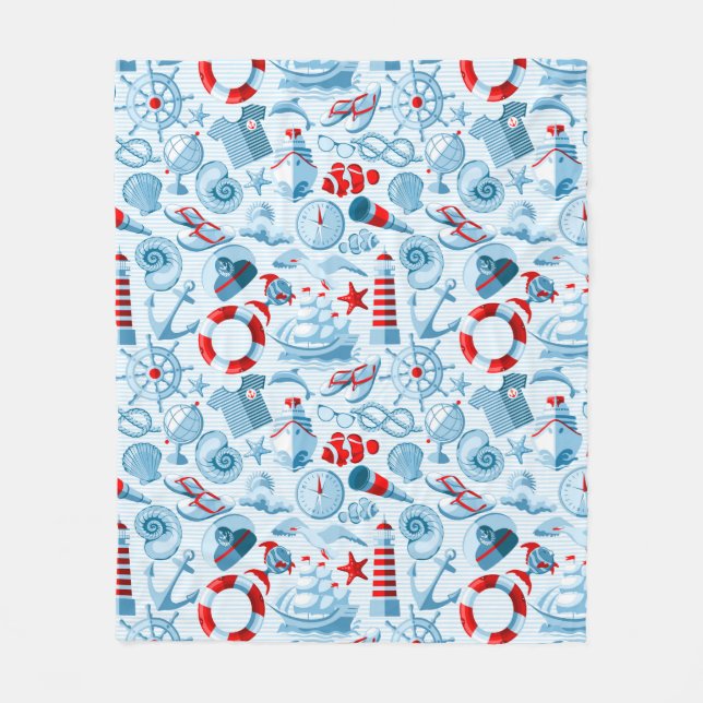 Nautical Red White And Blue Pattern Fleece Blanket (Front)