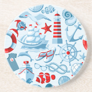 Nautical Red White And Blue Pattern Sandstone Coaster