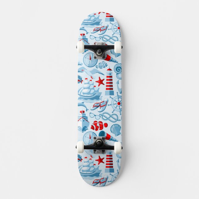 Nautical Red White And Blue Pattern Skateboard (Front)