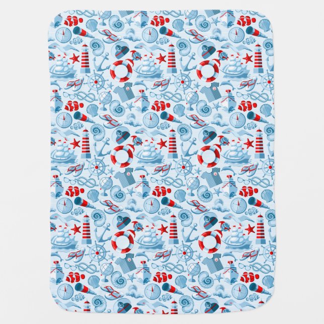 Nautical Red White And Blue Pattern Stroller Blanket (Front)