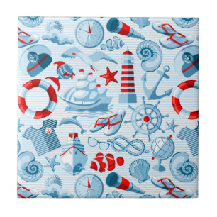 Nautical Red White And Blue Pattern Tile