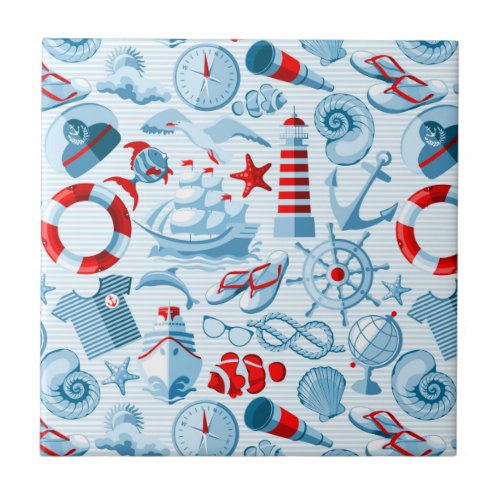 Nautical Red White And Blue Pattern Tile