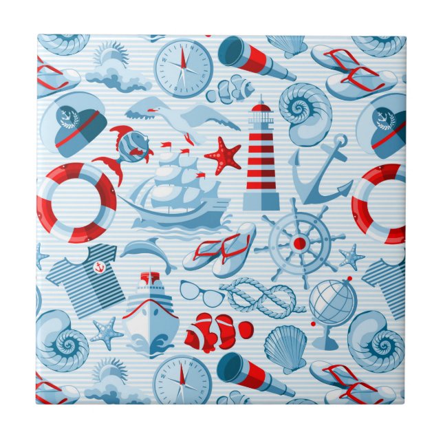Nautical Red White And Blue Pattern Tile (Front)