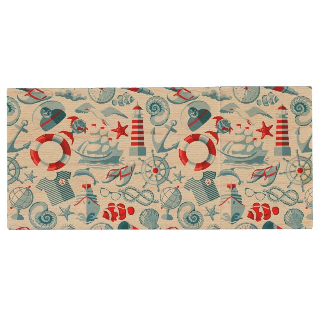 Nautical Red White And Blue Pattern Wood USB Flash Drive (Front)