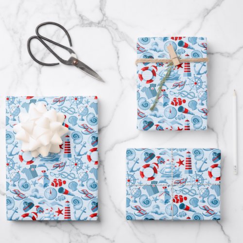Nautical Red White And Blue Pattern Wrapping Paper Sheets