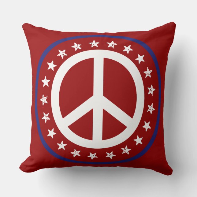 Nautical Red White and Blue Peace Sign and Stars Throw Pillow (Front)
