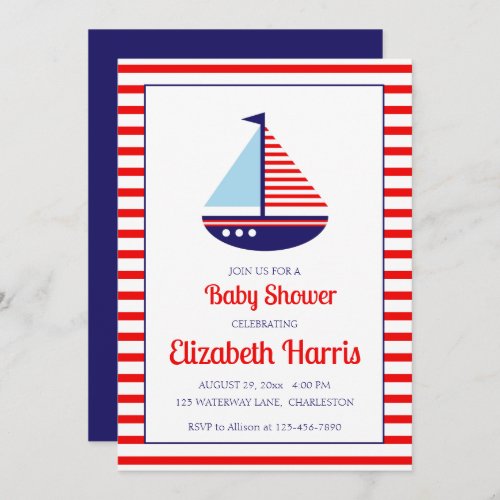 Nautical Red White and Blue Sailboat Baby Shower Invitation