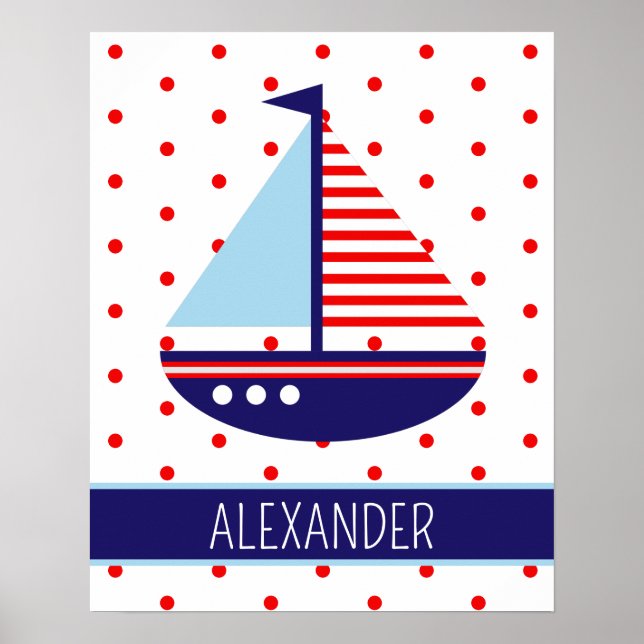 Nautical Red White and Blue Sailboat Personalized Poster (Front)