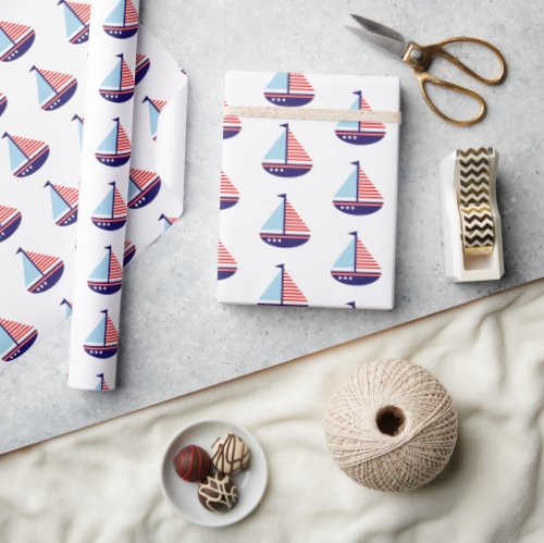 Nautical Red White and Blue Stripes Sailboat Wrapping Paper