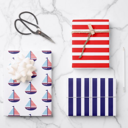 Nautical Red White and Blue Stripes Sailboat Wrapping Paper Sheets