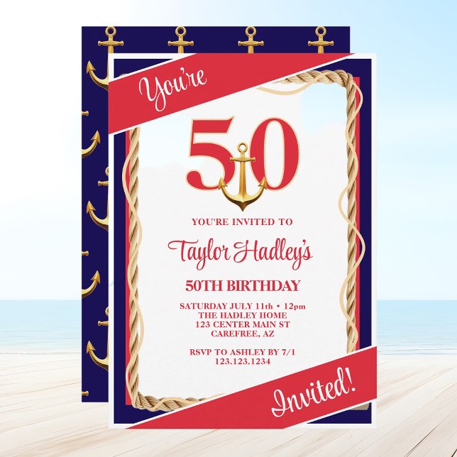 Nautical Red White & Blue 50th Birthday Invitation (Creator Uploaded)