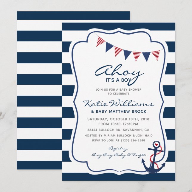 Nautical Red White Blue Anchor Boy Baby Shower Invitation (Front/Back)