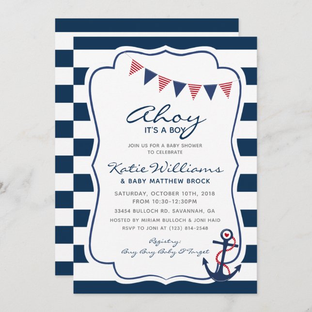Nautical Red White Blue Anchor Boy Baby Shower Invitation (Front/Back)