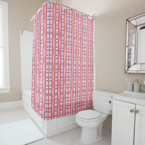 Nautical Red White Blue Anchors Ships Wheels Boat Shower Curtain