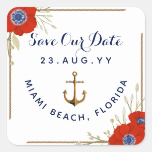 Nautical ⚓ Red White & Blue Anemone Anchor Wedding Square Sticker