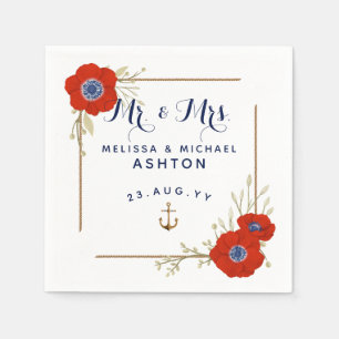 Nautical ⚓Red White & Blue Anemone Dated Wedding Napkins