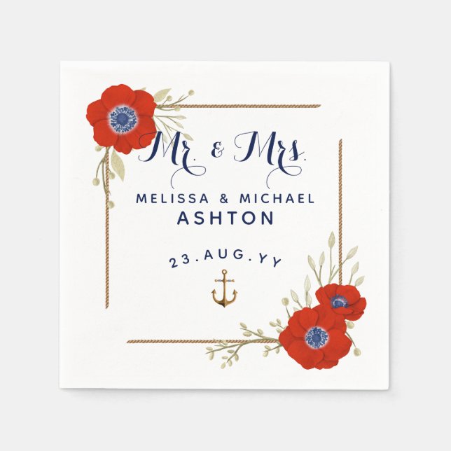 Nautical ⚓Red White & Blue Anemone Dated Wedding Napkins (Front)