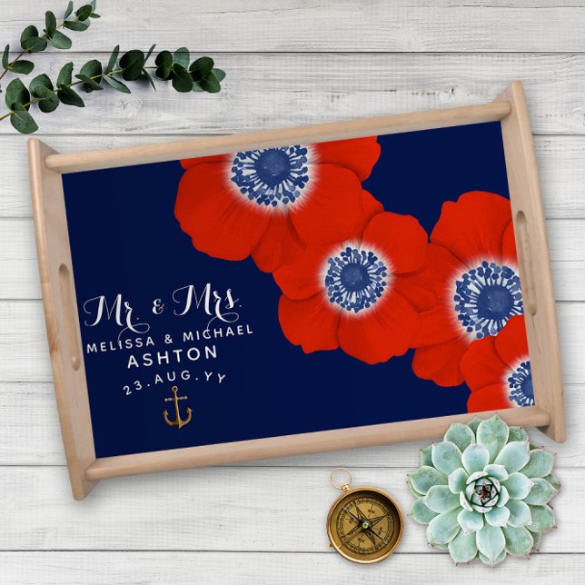 Nautical Red White & Blue Anemones Dated Keepsake Serving Tray (Creator Uploaded)