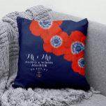 Nautical Red White & Blue Anemones Dated Keepsake Throw Pillow<br><div class="desc">Nautical Boutique Co.'s bold red,  white,  and blue pillow features watercolor red anemones set on a navy blue background. "Mr. & Mrs." is in modern script typography and that's paired with traditional block lettering.  The design is accented with a matching watercolor anchor.  #Nautical #CoastalWedding #Anemones</div>