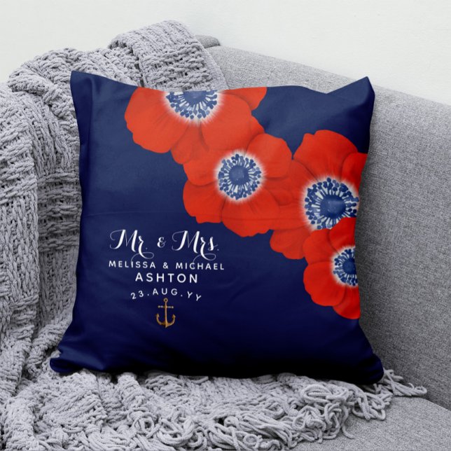 Nautical Red White & Blue Anemones Dated Keepsake Throw Pillow (Creator Uploaded)