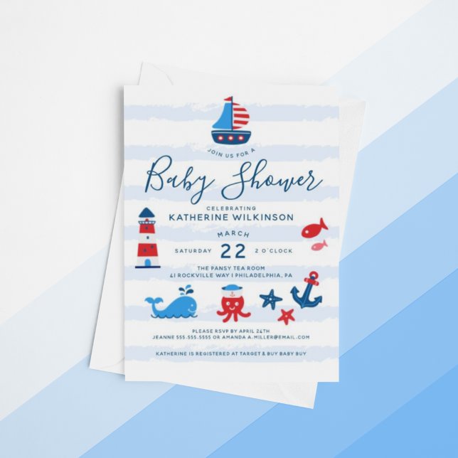 Nautical Red, White & Blue Baby Shower Invitation