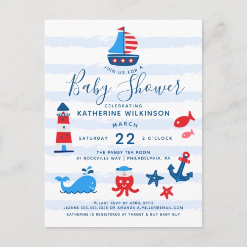Nautical Red White  Blue Baby Shower Postcard