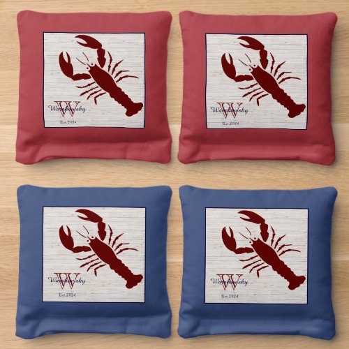 Nautical Red White Blue lobster Family Monogram Cornhole Bags