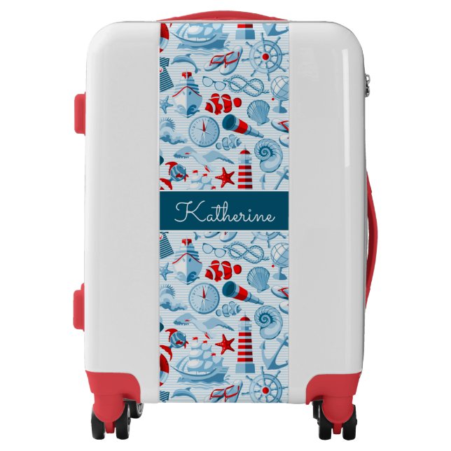 Nautical Red White & Blue Pattern | Add Your Name Luggage (Front)