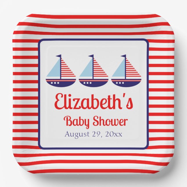 Nautical Red White Blue Sailboat Baby Shower Paper Plates (Front)