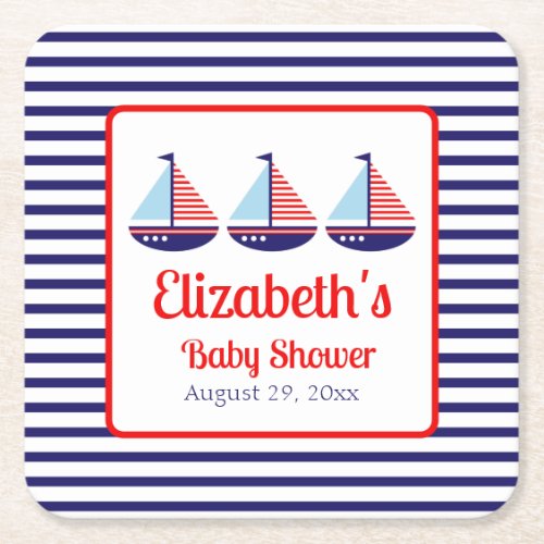 Nautical Red White Blue Sailboat Baby Shower Square Paper Coaster