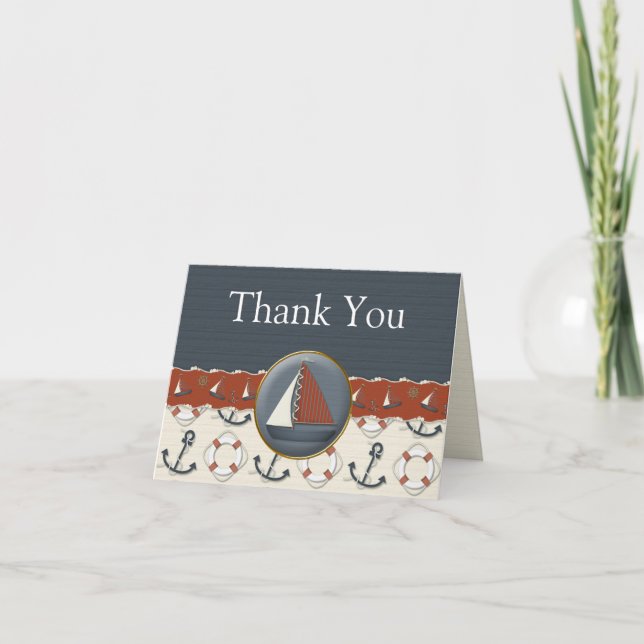 Nautical Red White Blue Sailboat Thank You Cards (Front)