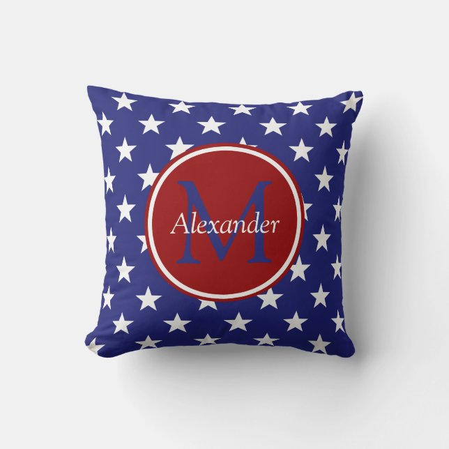 Nautical Red White Blue Stars Monogram Throw Pillow (Front)