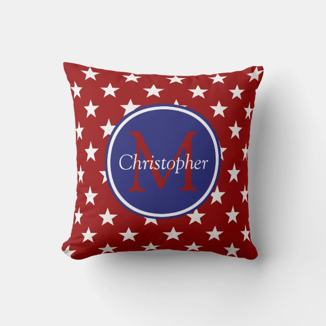Nautical Red White Blue Stars Monogram Throw Pillow (Front)