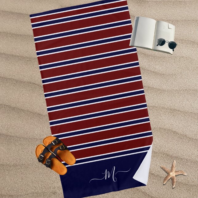 Nautical Red White Blue Striped Monogram Name Bath Beach Towel (Creator Uploaded)