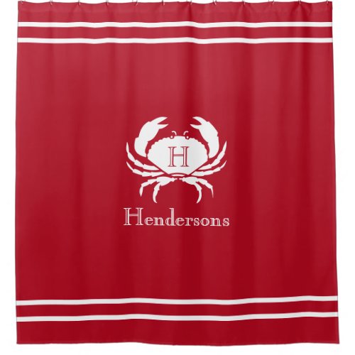 Nautical Red White Crab Monogram Name Shower Curtain