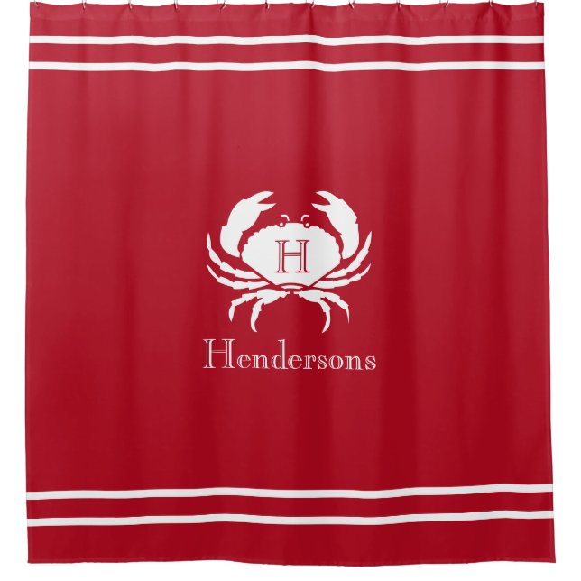 Nautical Red White Crab Monogram Name Shower Curtain (Front)