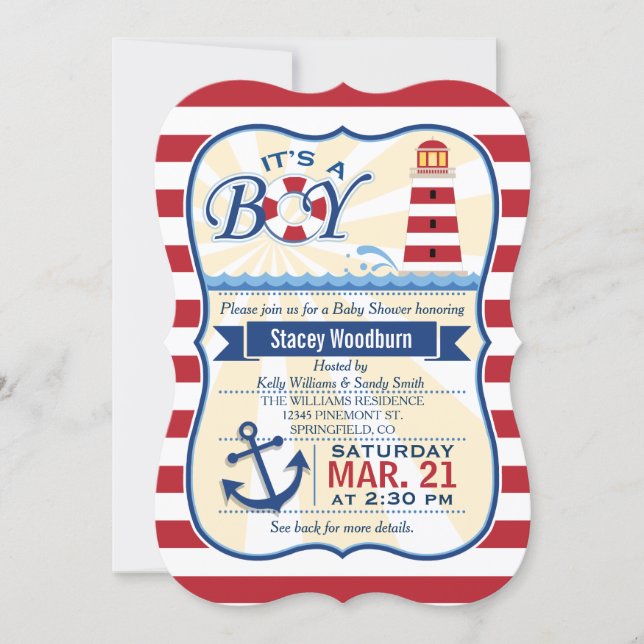 Nautical Red & White Lighthouse Boy Baby Shower Invitation (Front)