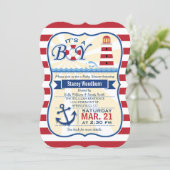 Nautical Red & White Lighthouse Boy Baby Shower Invitation (Standing Front)