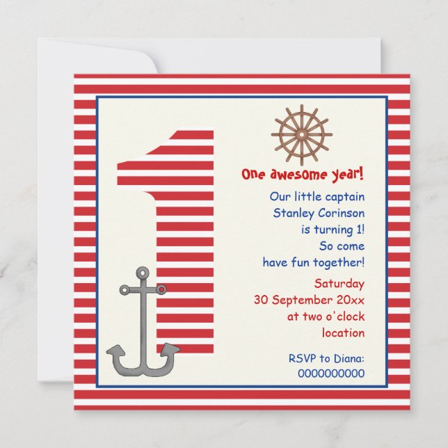 Nautical red, white sailboat 1st birthday party invitation (Front)