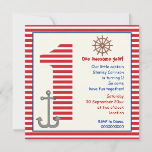 Nautical red, white sailboat 1st birthday party invitation