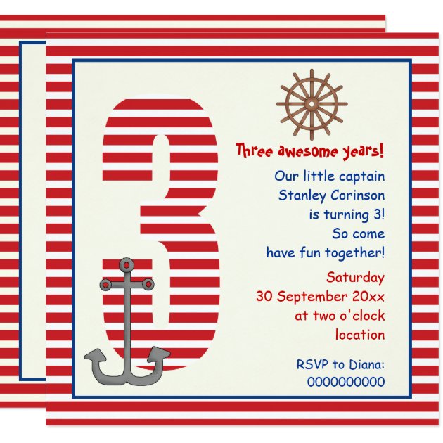 Nautical Red, White Sailboat 3rd Birthday Party Invitation