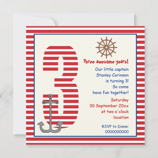 Nautical red, white sailboat 3rd birthday party invitation (Front)