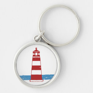 Nautical Red & White Stripe Lighthouse Blue Ocean Keychain