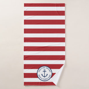 Nautical Red White Striped Anchor Personalized Bath Towel