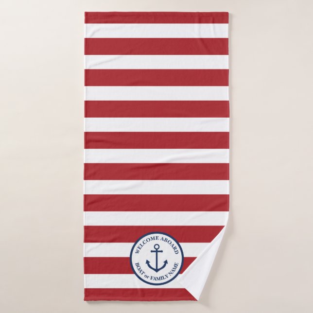 Nautical Red White Striped Anchor Personalized Bath Towel (Bath Towel)