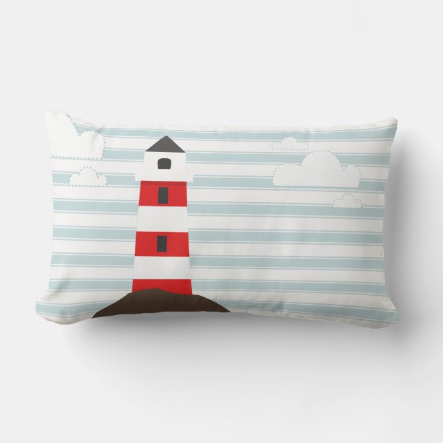 Nautical Red & White Striped Lighthouse Stripes Lumbar Pillow (Front)