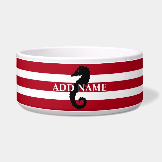 Nautical Red White Striped Personalized Large Pet Bowl (Front)