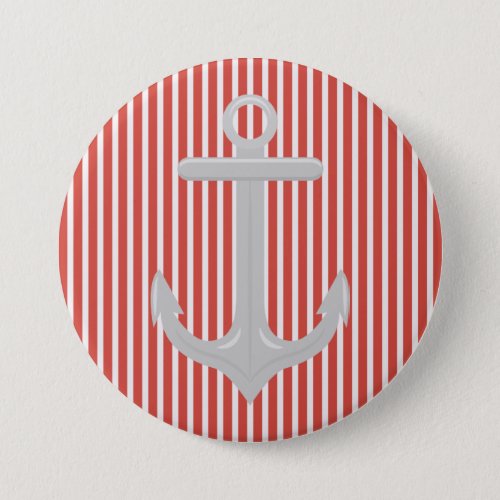 Nautical Red White Stripes and Anchor  Button